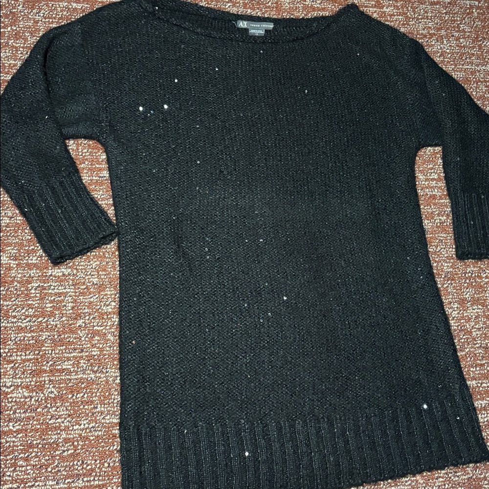 Armani Exchange black sequin sweater sparkle metallic boat neck tunic sweater
